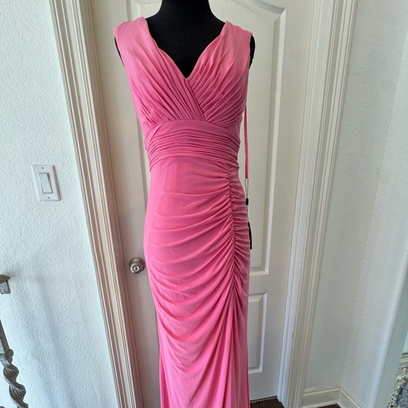 NWT Ieena Mac Duggal Sz 2 Candy Pink Jersey Sleeveless Side Ruched Slit Gown - Picture 6 of 15
